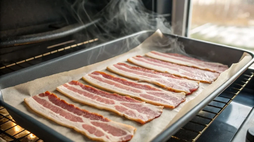 Raw bacon strips on a parchment-lined baking sheet