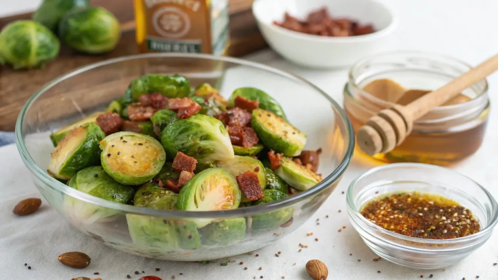 Fresh Brussels sprouts with honey glaze and bacon chunks in a glass bowl before roasting.