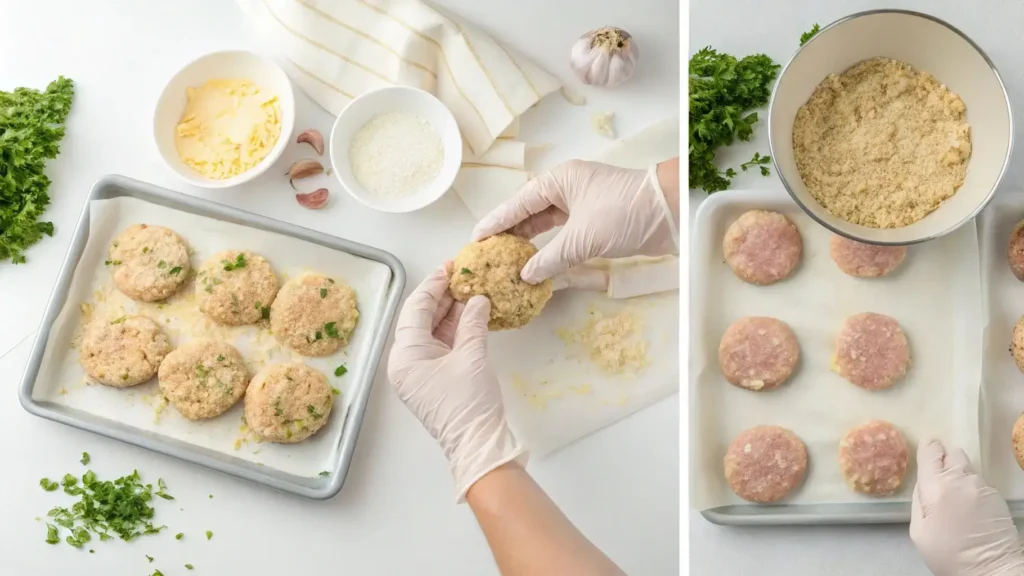 Shaping raw chicken patties with fresh ingredients in a kitchen.