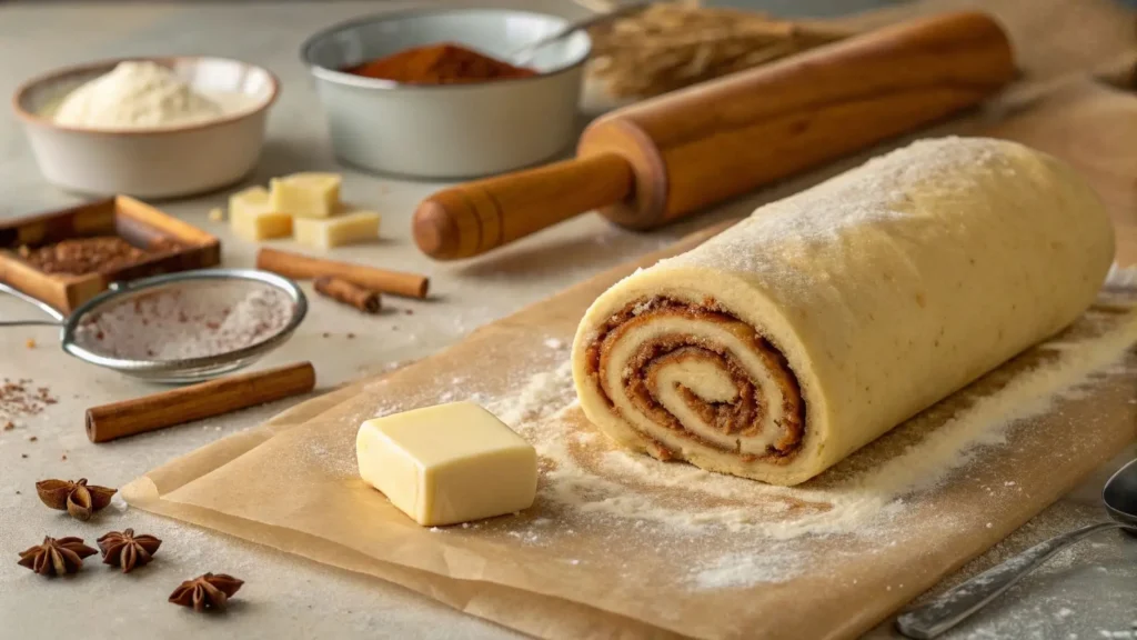 Rolled-out dough with butter and cinnamon-sugar filling.