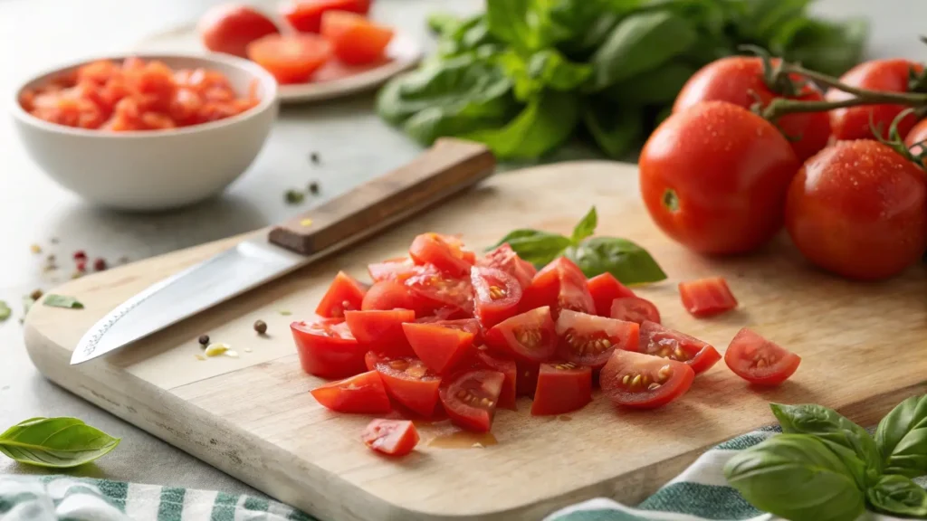 Peeled and chopped fresh tomatoes on a cutting board.