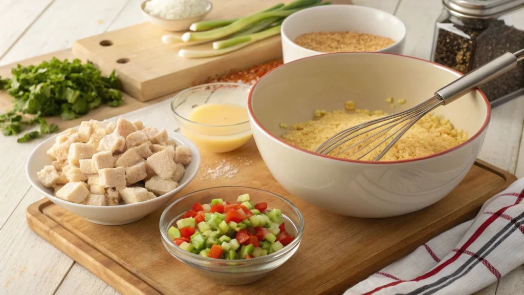 Ingredients for chicken dressing in a rustic kitchen setting.