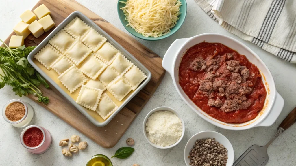 Ingredients for Million Dollar Ravioli Casserole on a kitchen counter