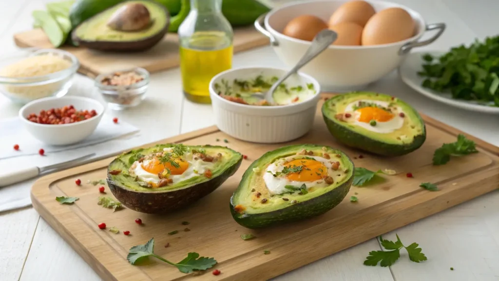 Step-by-step process of making paleo baked eggs in avocado