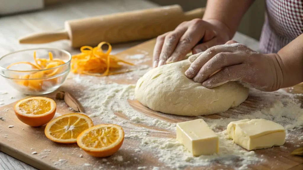 Hands kneading dough for Alabama Orange Rolls.
