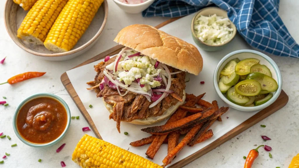 Pulled Pork Sandwich Platter with Sides and White BBQ Sauce