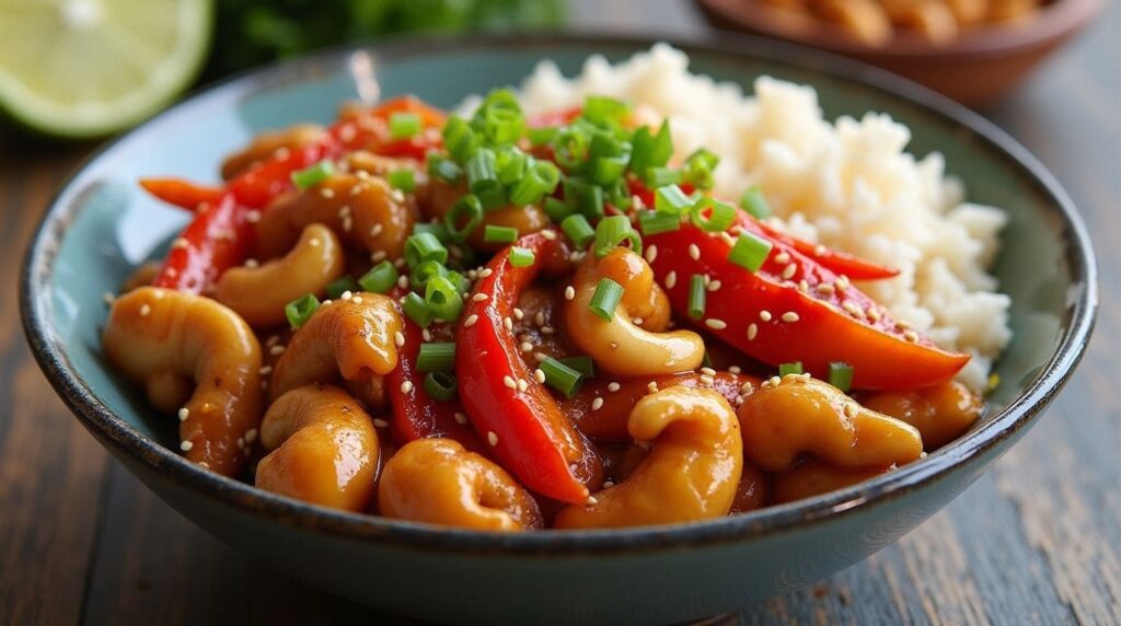 A delicious bowl of cashew chicken with colorful vegetables and cashews.