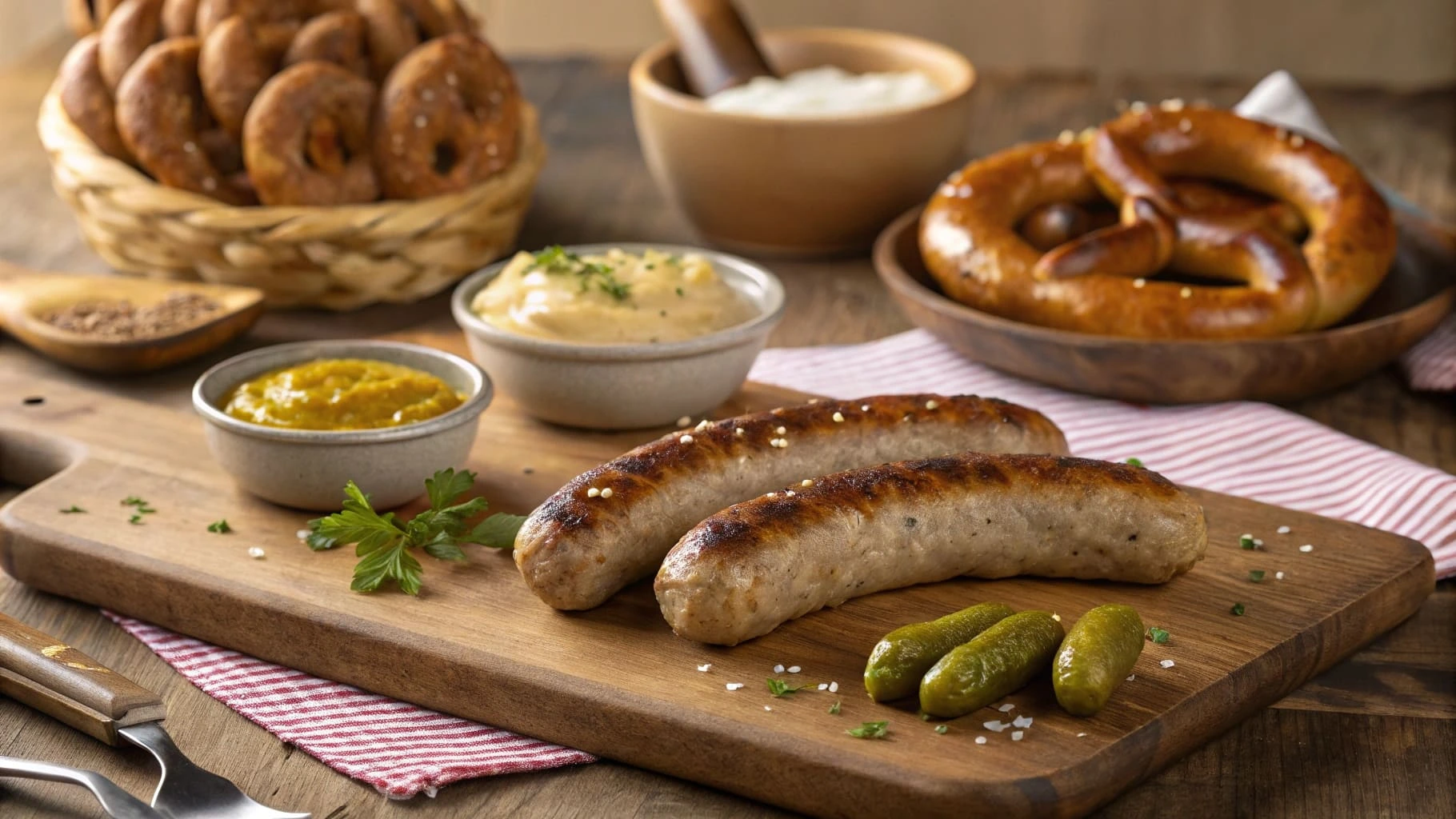 Variety of bratwurst sausages on a wooden board