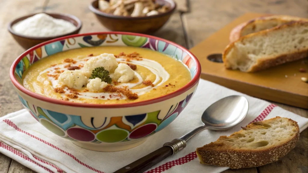 Bowl of roasted cauliflower soup with smoked paprika and crusty bread