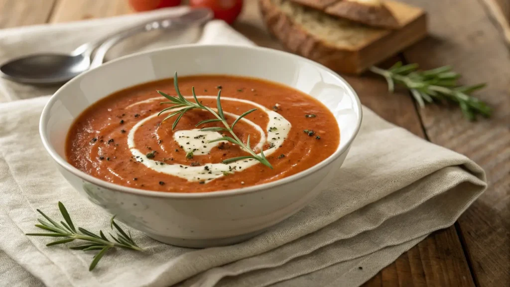 Creamy roasted fresh tomato soup with cream swirl and rosemary.