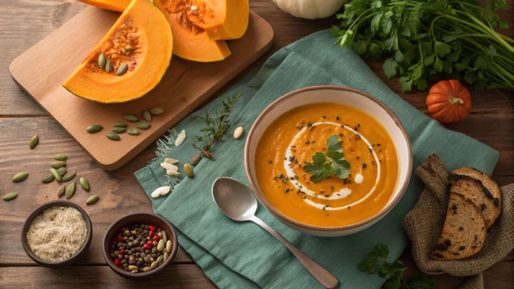 Top-down view of roasted pumpkin soup and ingredients