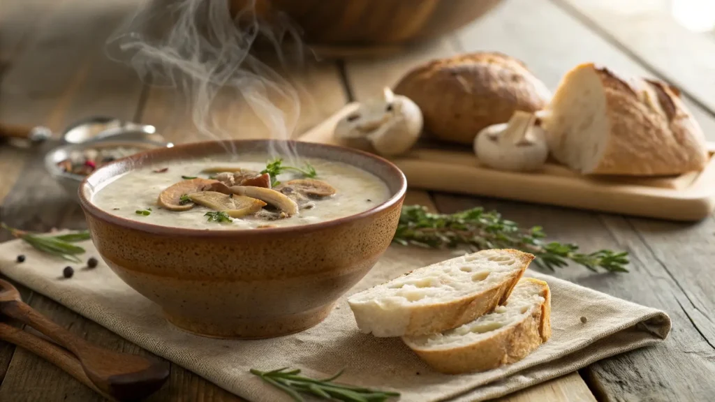 A steaming bowl of creamy mushroom soup garnished with fresh thyme and crusty bread on a rustic wooden table