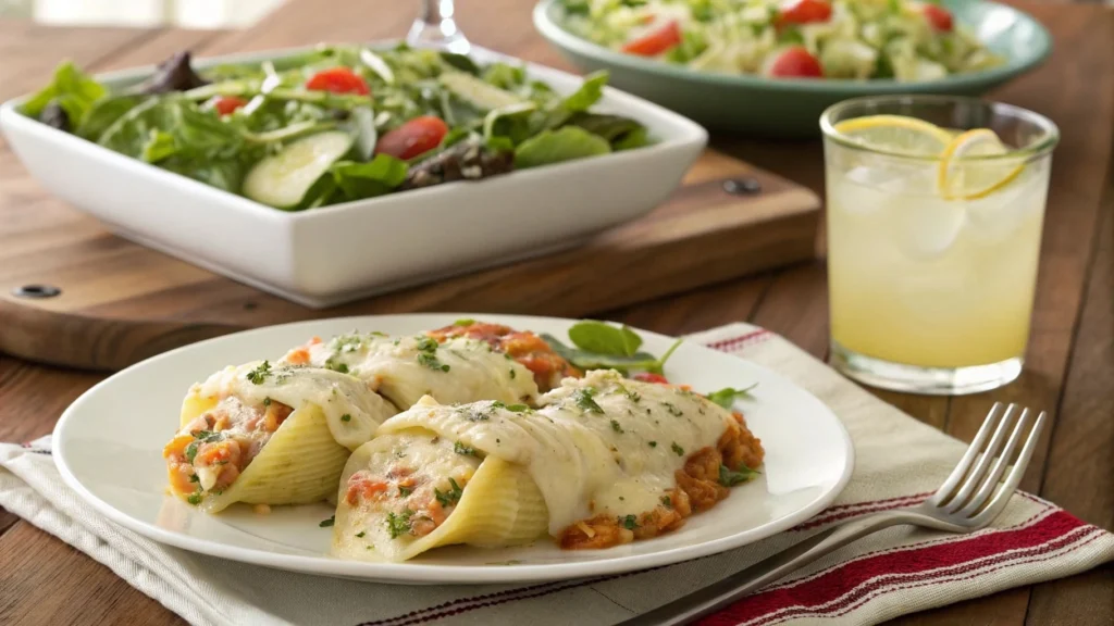 A plate of Chicken & Green Chile Stuffed Shells served with a salad