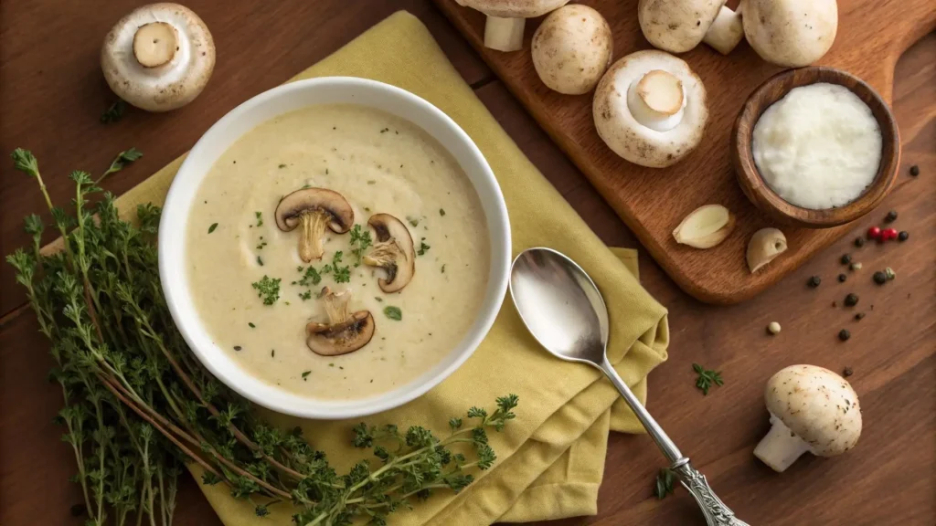 A freshly blended bowl of creamy mushroom soup surrounded by fresh mushrooms and thyme on a vibrant table.