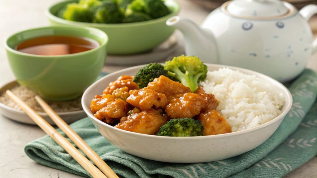 Close-up of Copycat Panda Express Orange Chicken with broccoli and rice