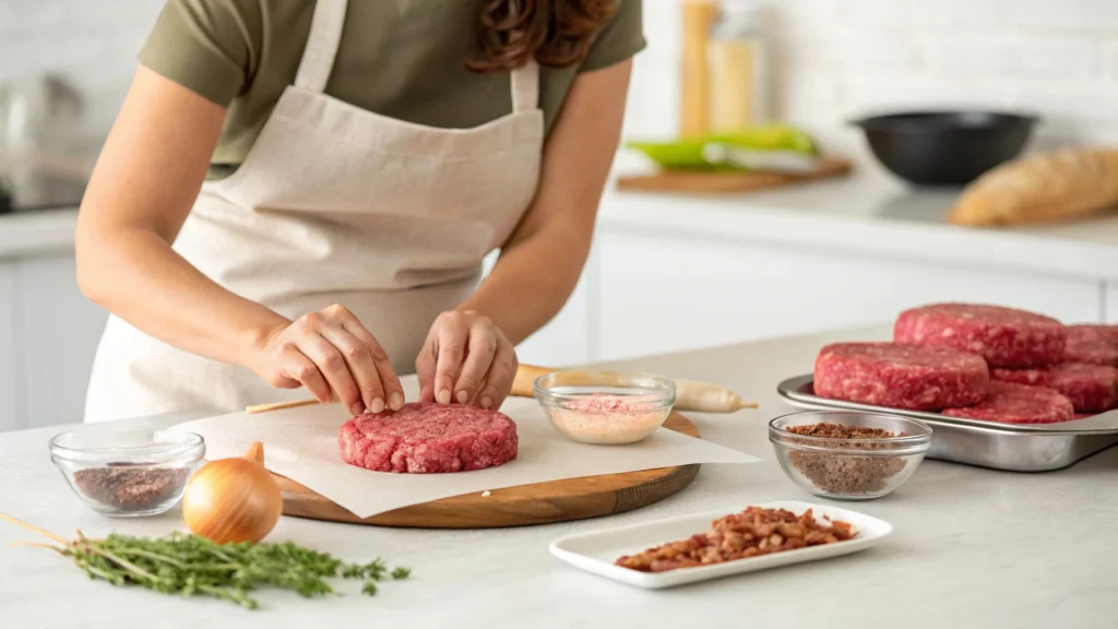 Chef shaping a raw juicy burger patty.