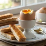 Soft-boiled egg in an egg cup with toast soldiers