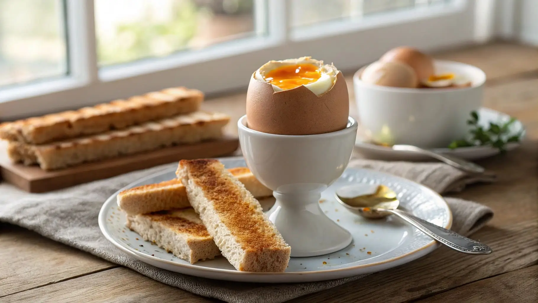 Soft-boiled egg in an egg cup with toast soldiers