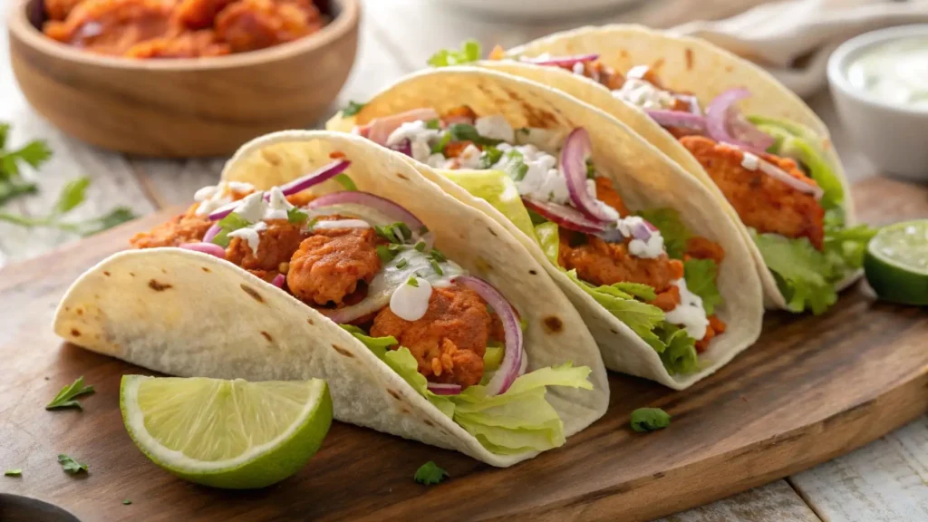 Buffalo Chicken Tacos with shredded buffalo chicken, lettuce, blue cheese, and ranch, served with lime wedges and buffalo sauce.