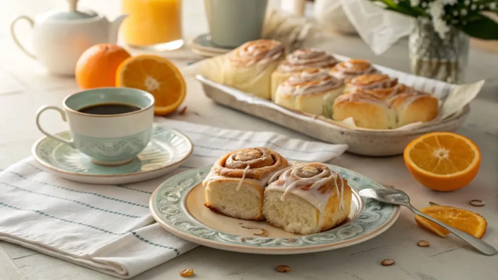 Alabama Orange Rolls served with coffee and fresh orange slices.