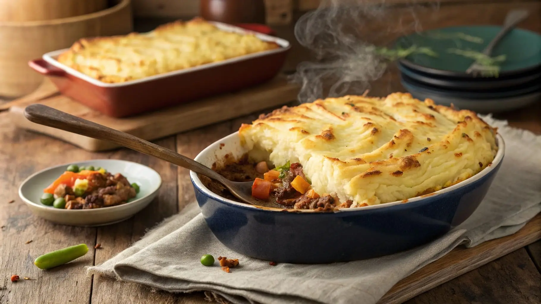 Freshly baked Vegetable Beef Shepherd’s Pie with golden mashed potato topping.