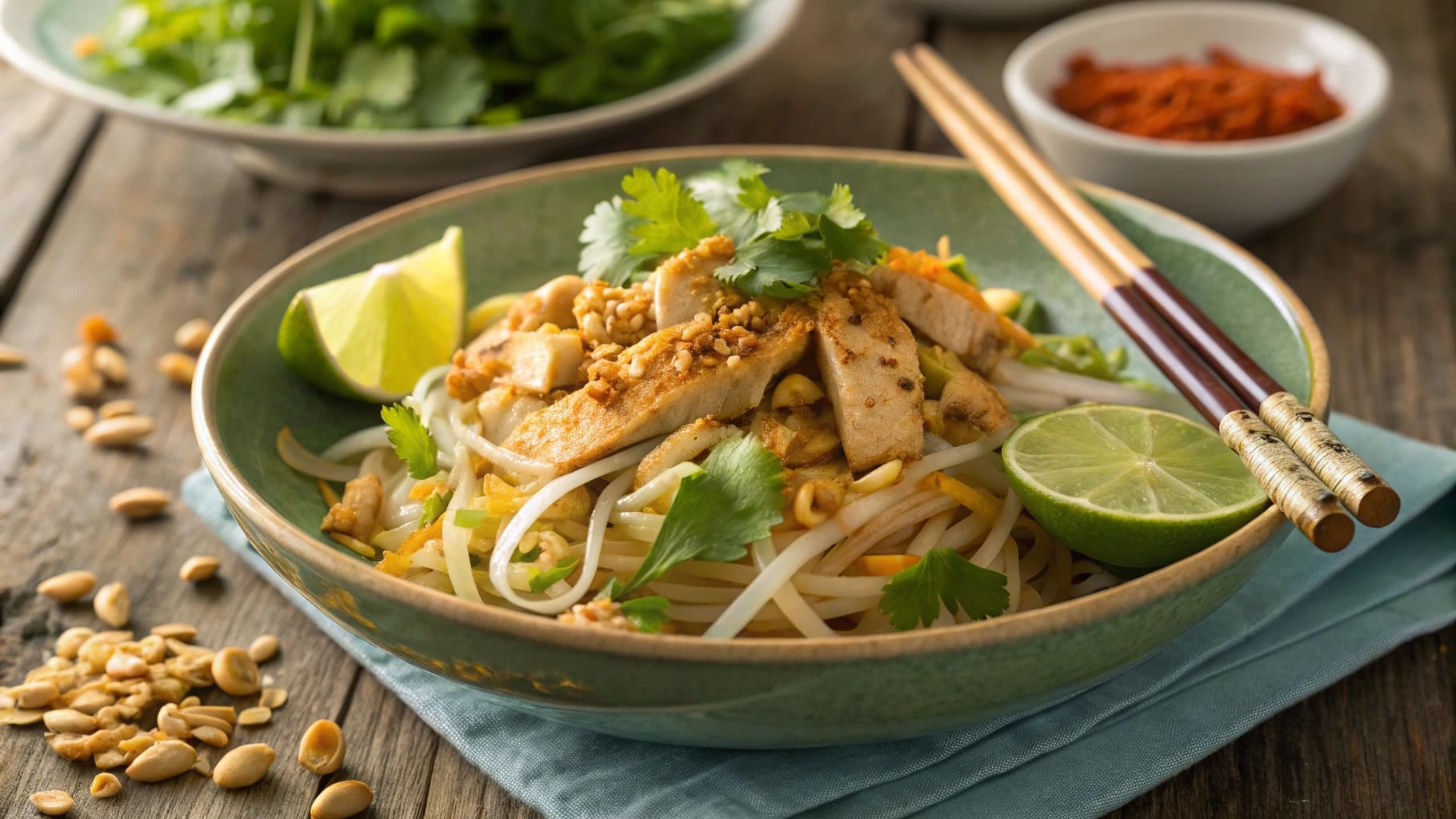 A beautifully plated Chicken Pad Thai with garnishes and lime