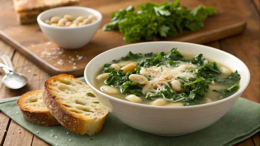 A steaming bowl of white bean and kale soup with garlic bread.