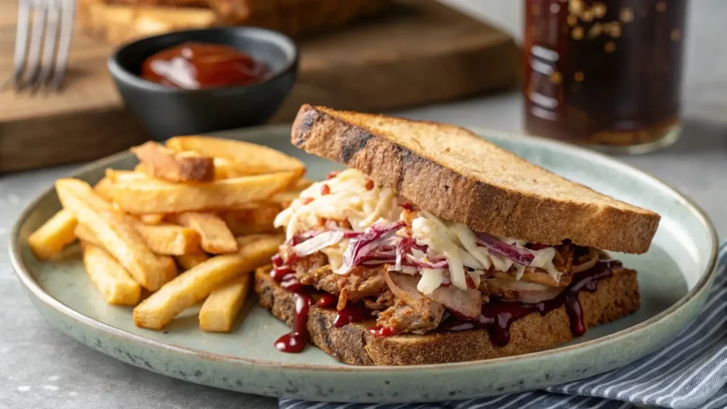 A gourmet-style Reuben sandwich with pulled pork and coleslaw