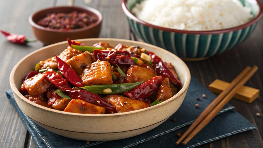 Juicy Szechuan Chicken in a rustic bowl with garnishes.