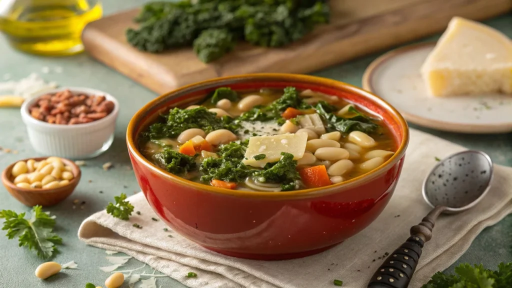  White bean and kale soup with added pasta.
