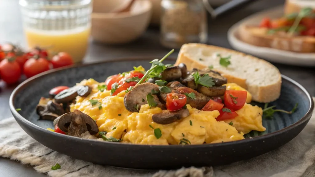 Perfect Scrambled Eggs with cheese, mushrooms, and tomatoes.