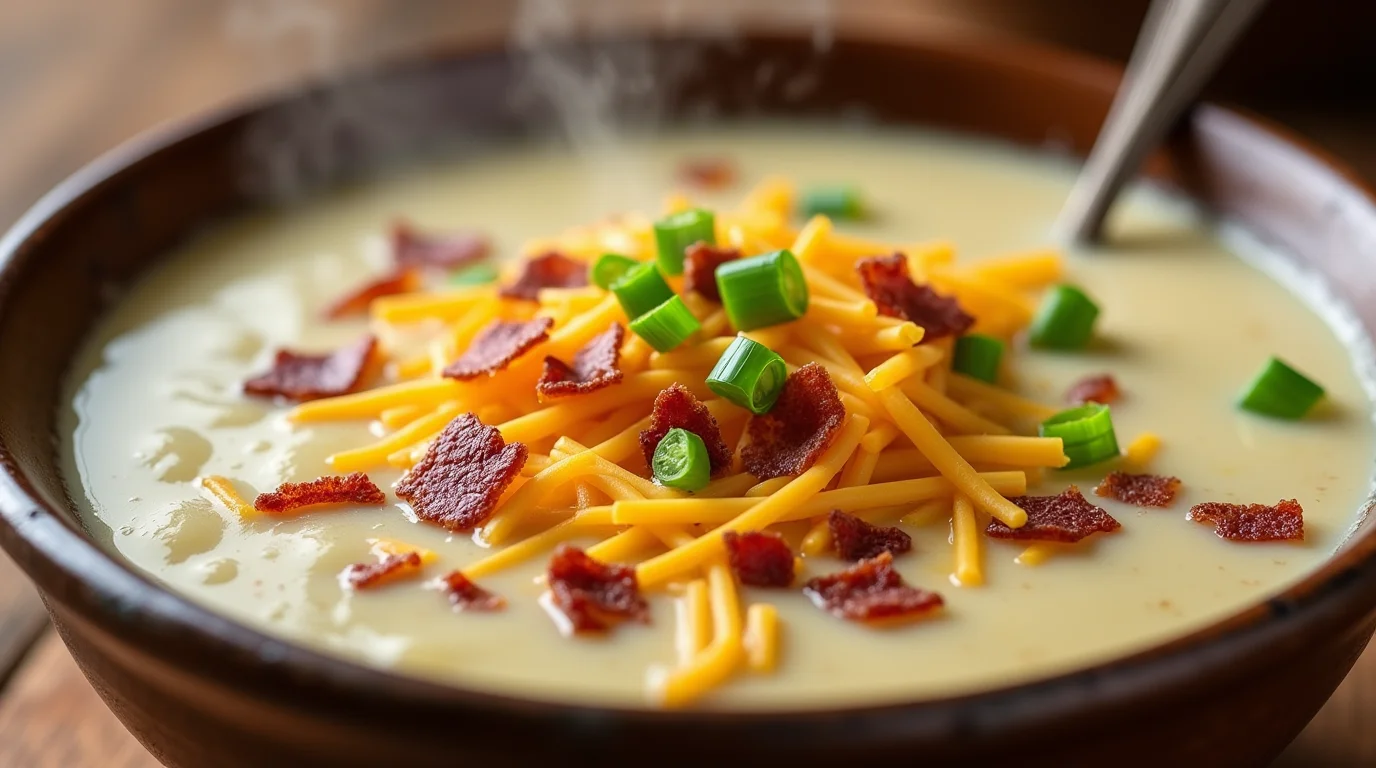 Creamy potato soup with cheese, bacon, and green onions.