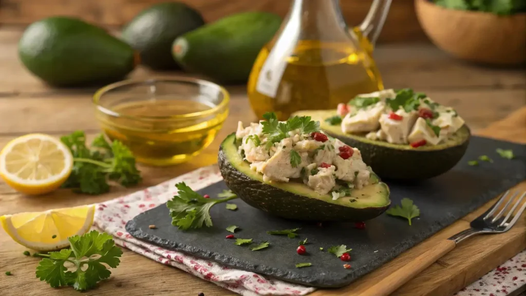 A creative way to serve chicken salad in fresh avocado halve