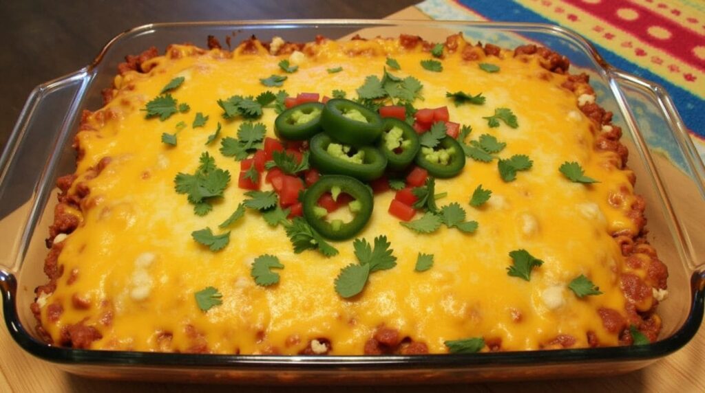  A cheesy Doritos casserole topped with jalapeños and cilantro in a glass dish.
