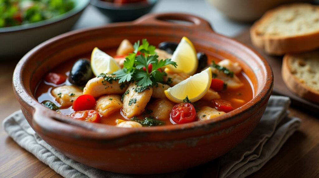 A steaming bowl of fish stew with seafood and vegetables.