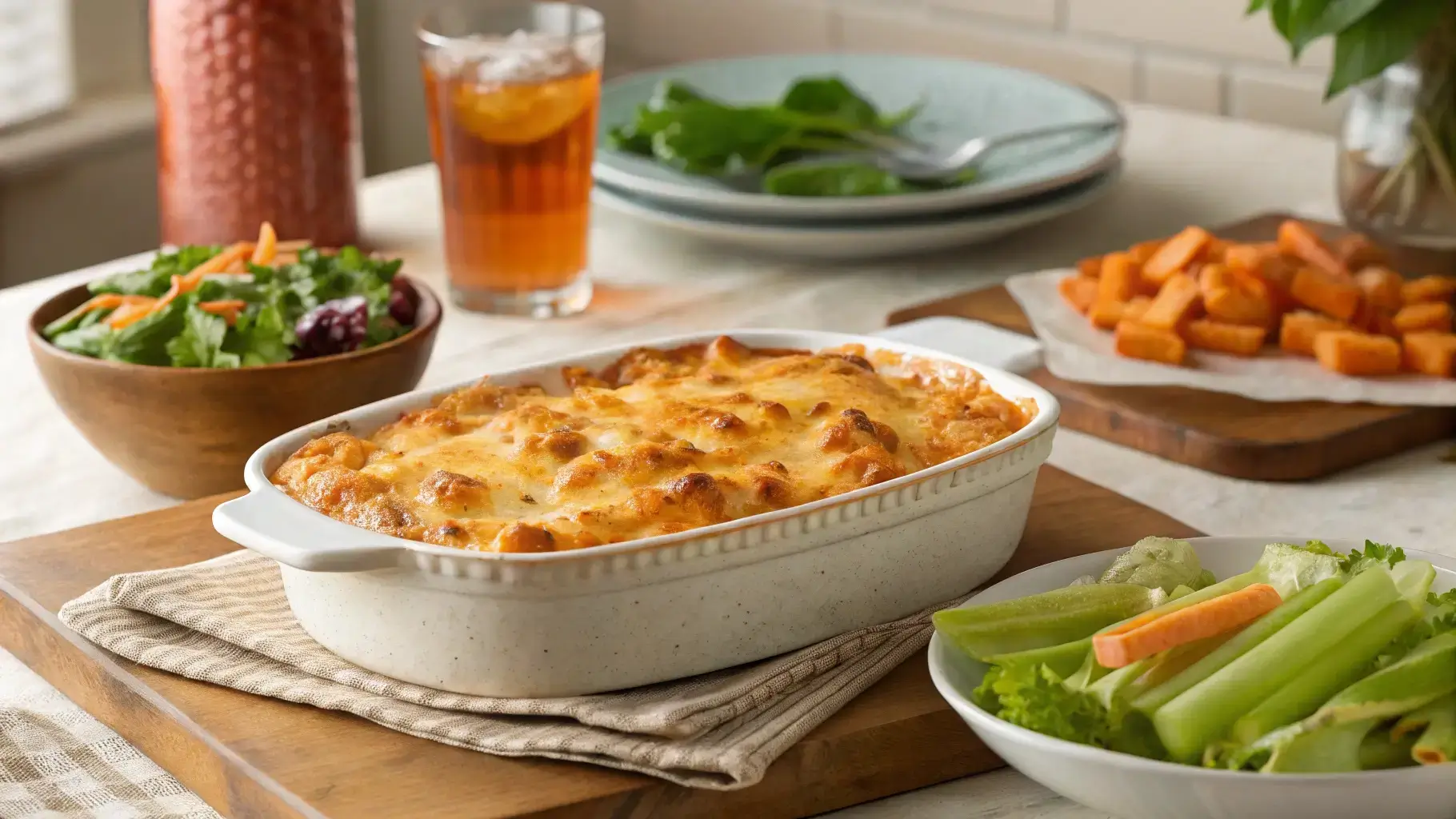 Buffalo Chicken Casserole served on a rustic dinner table.