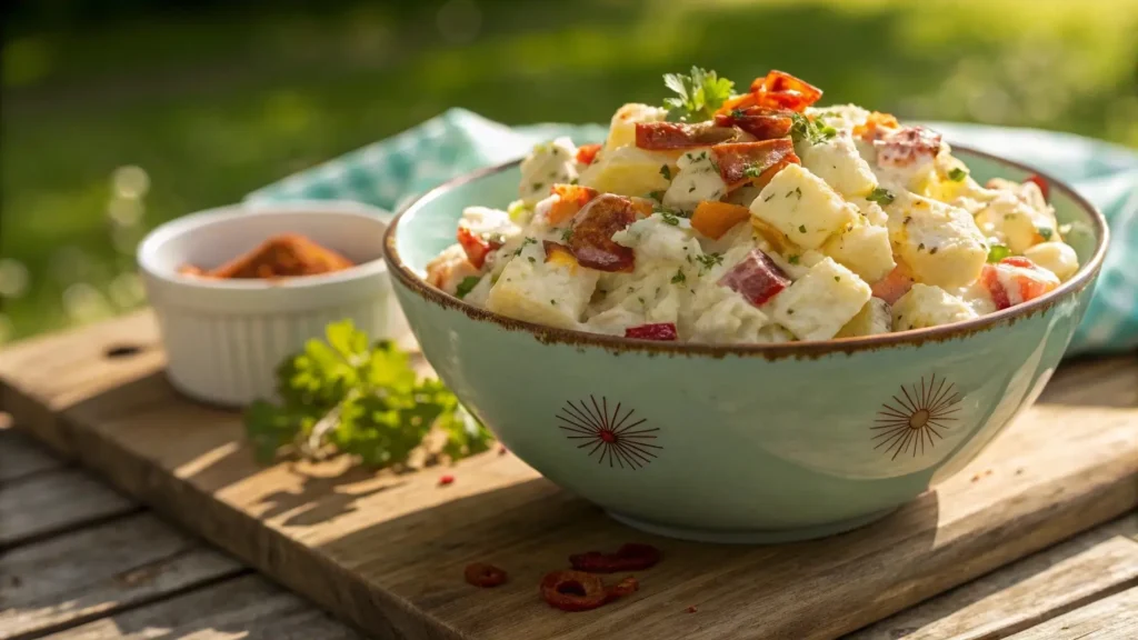 Creamy old-fashioned potato salad garnished with paprika and parsley.