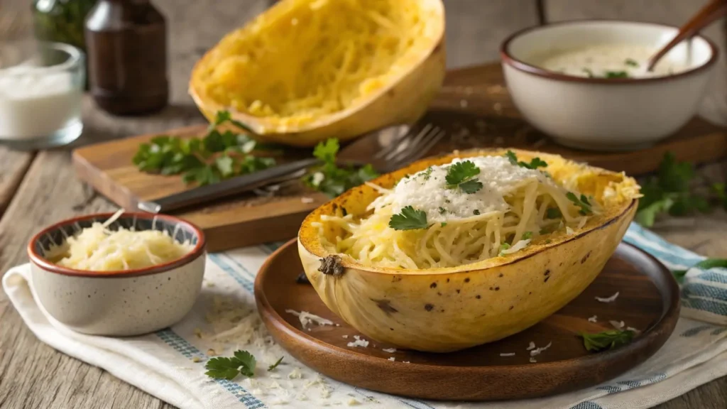 Roasted spaghetti squash with creamy Alfredo sauce