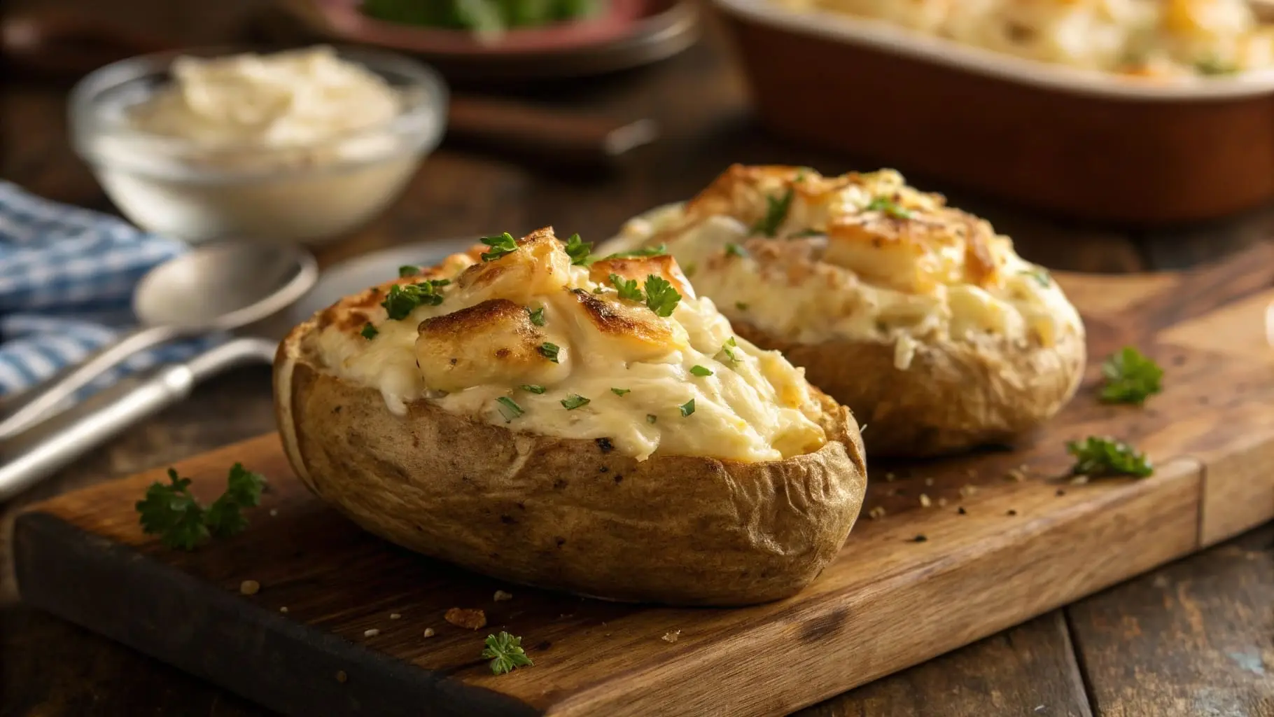 Golden-brown Chicken Alfredo Twice Baked Potatoes topped with melted cheese and parsley