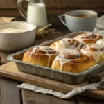 A tray of freshly baked cinnamon buns with cream cheese glaze on a wooden table.