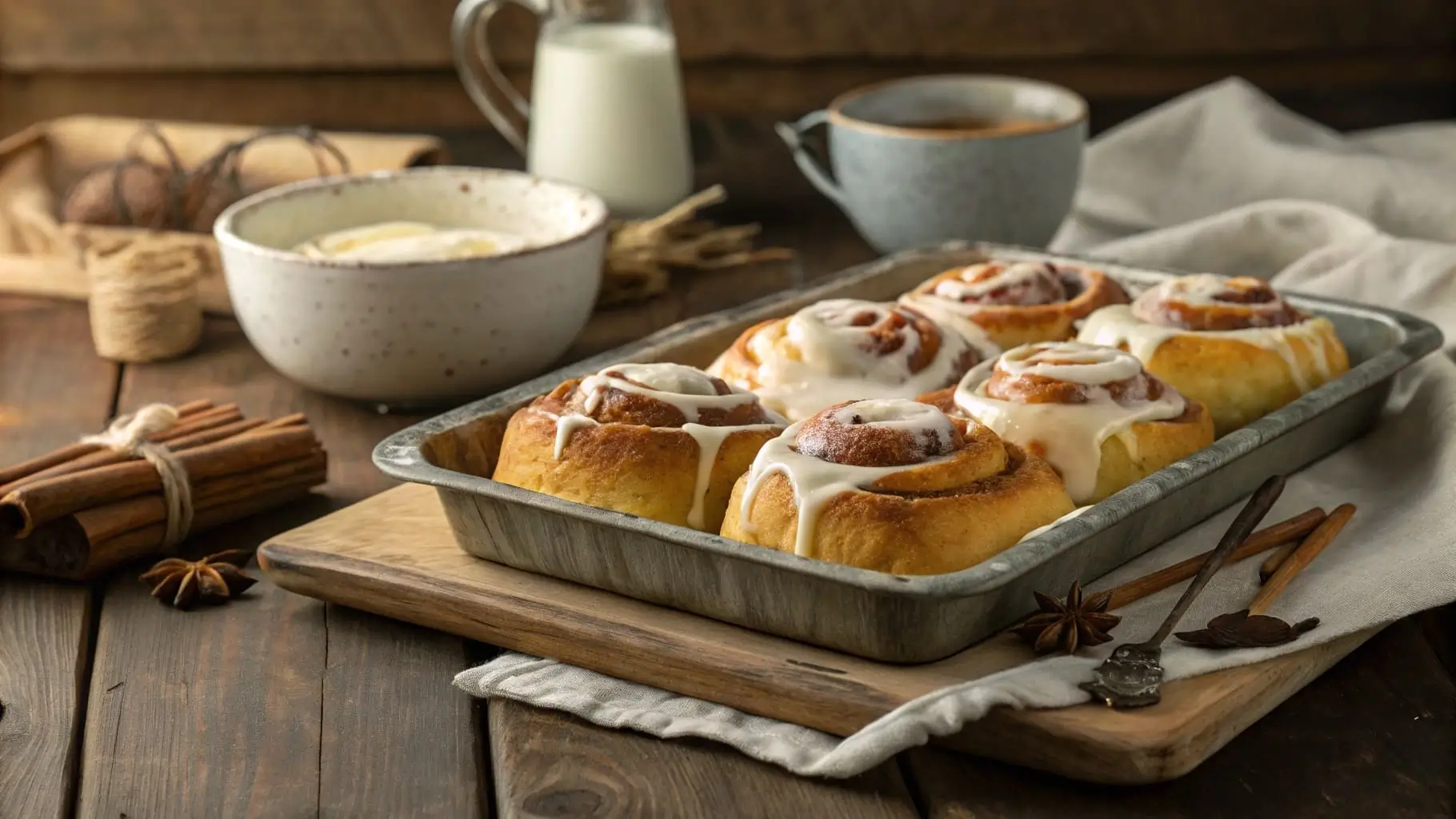 A tray of freshly baked cinnamon buns with cream cheese glaze on a wooden table.