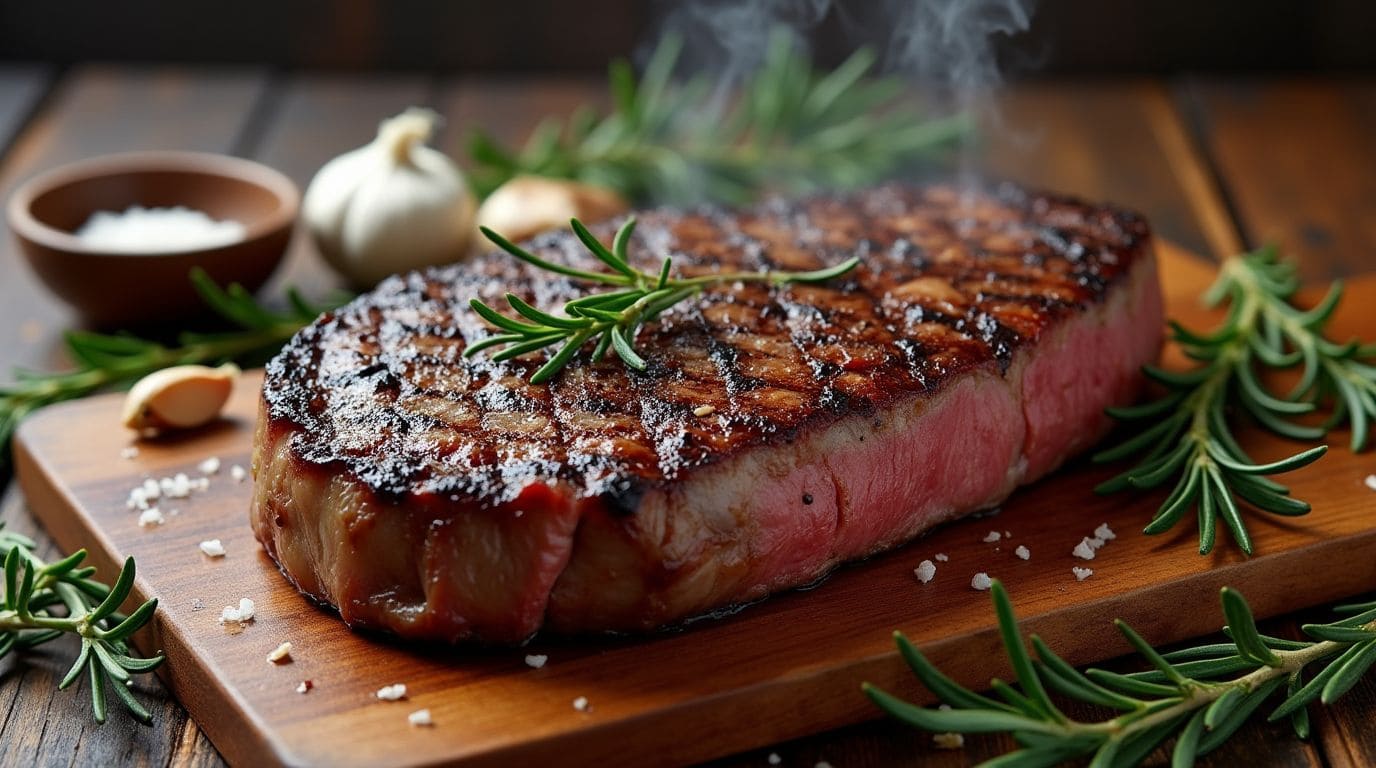 Smoked steak on a wooden cutting board with seasonings and herbs.