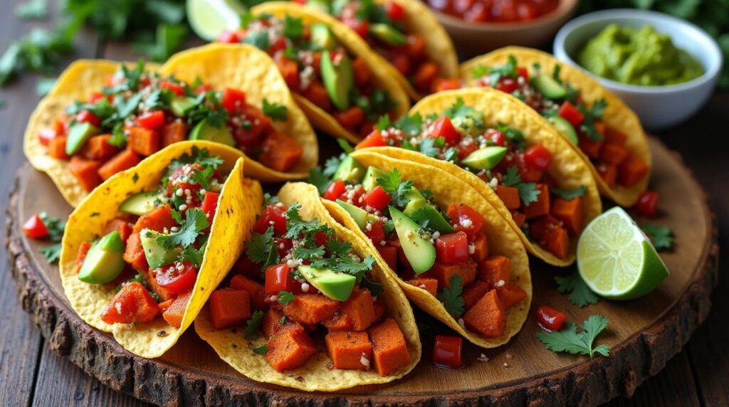 Sweet potato tacos served with avocado, lime, and cilantro on a wooden table.