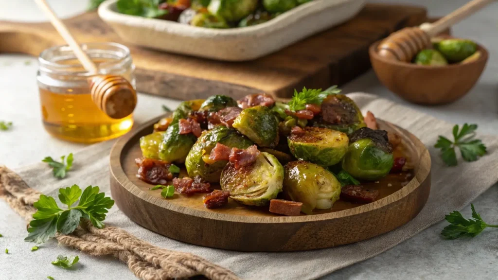 Roasted Brussels sprouts with honey glaze and crispy bacon served on a wooden platter.