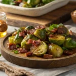 Roasted Brussels sprouts with honey glaze and crispy bacon served on a wooden platter.