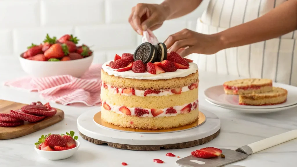 A baker pressing strawberry crunch topping onto a frosted Strawberry Crunch Cheesecake Cake.