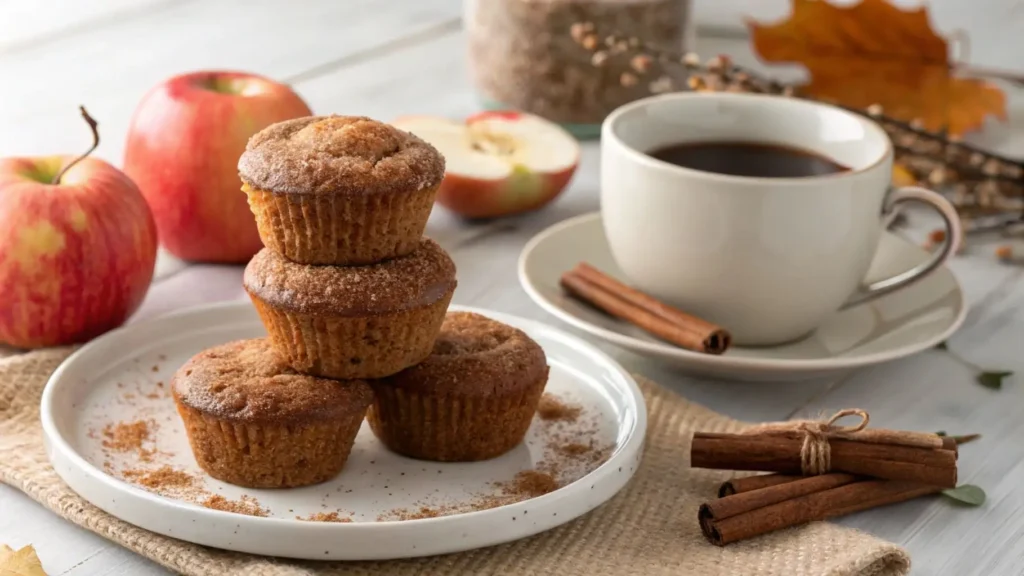 A plate of apple cider donut muffins with coffee and cinnamon sticks.