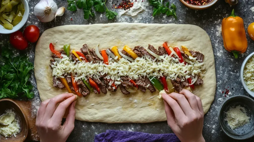 Step-by-step preparation of Philly Cheesesteak Stuffed Cheesy Breadsticks showing filling ingredients