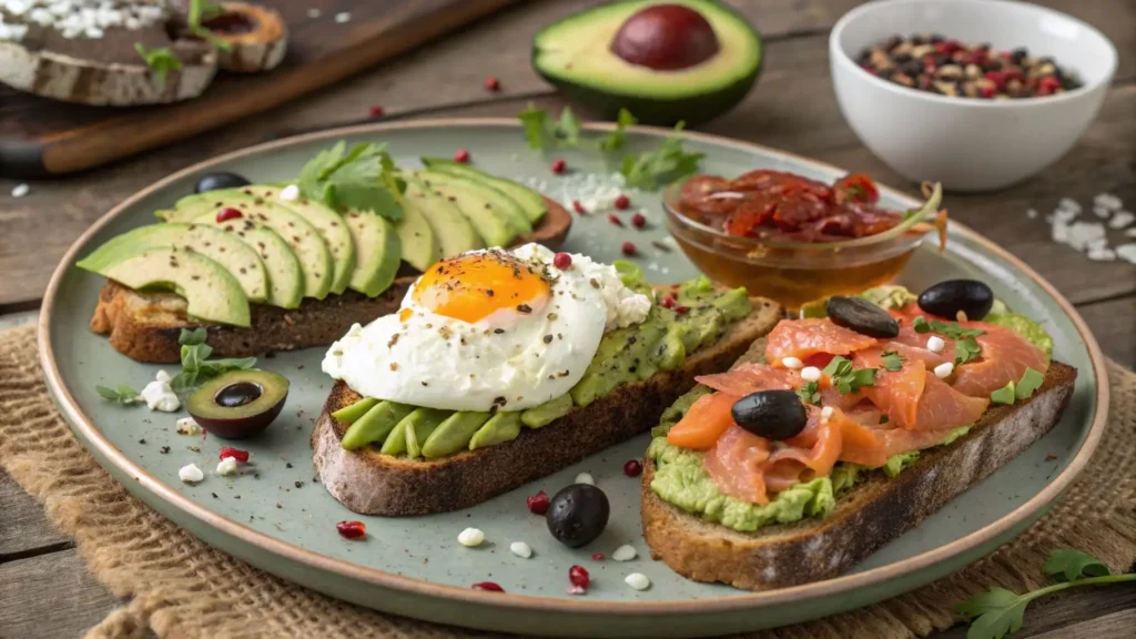 Different variations of avocado & smoked salmon toast.