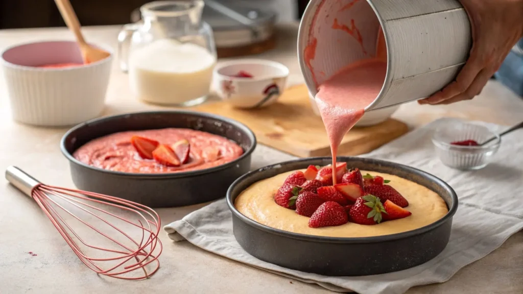 Pouring strawberry cake batter into round pans for Strawberry Crunch Cheesecake Cake.